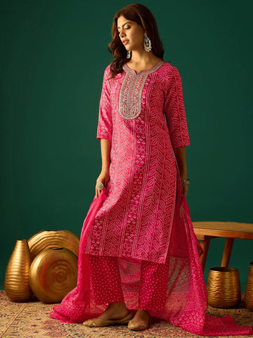 Kurta With Zari-Embroidered Yoke, Paired With Trousers And A Solid Lace-Detailed Dupatta